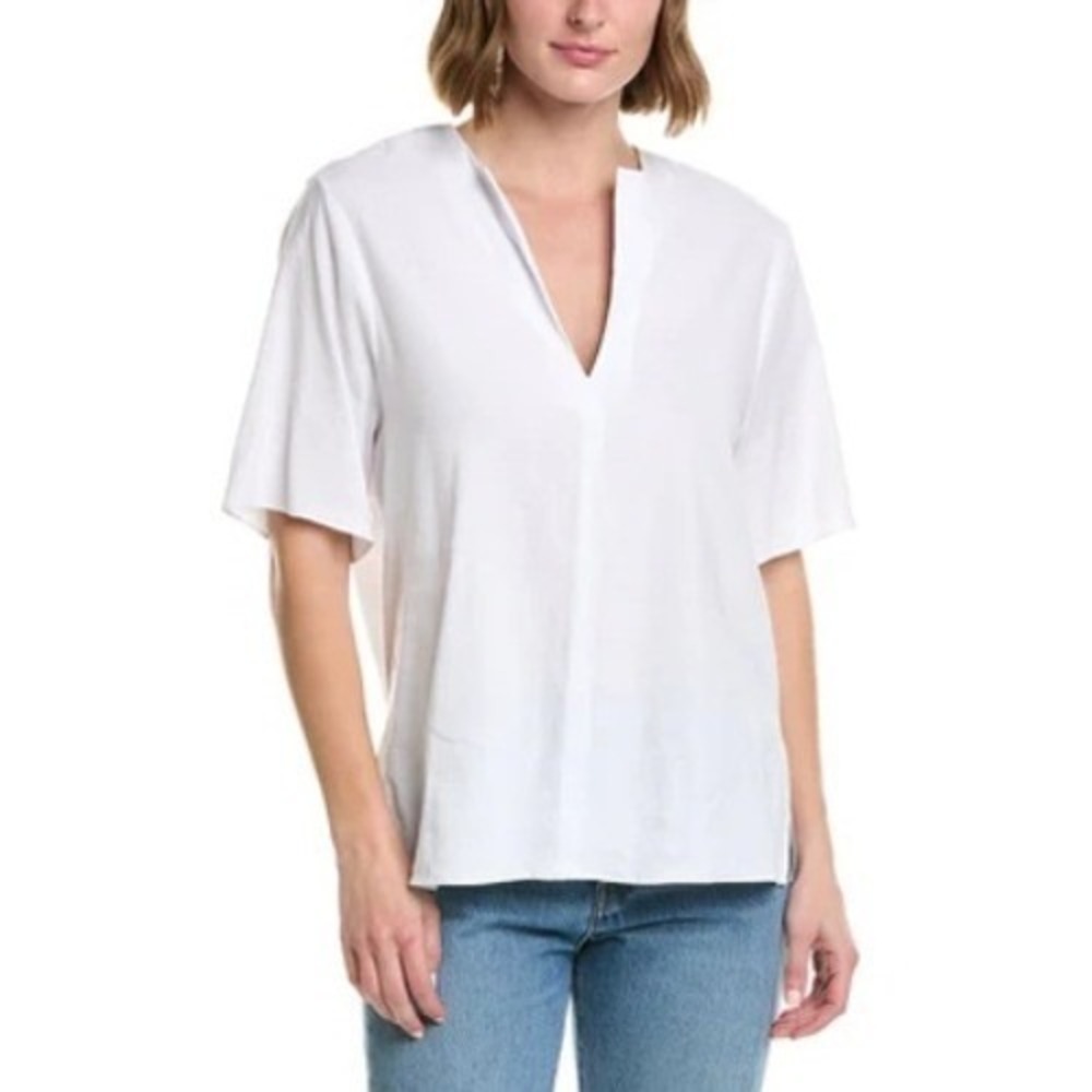 VINCE Easy Linen-Blend Split Neck Top White Women Size Medium Casual Summer